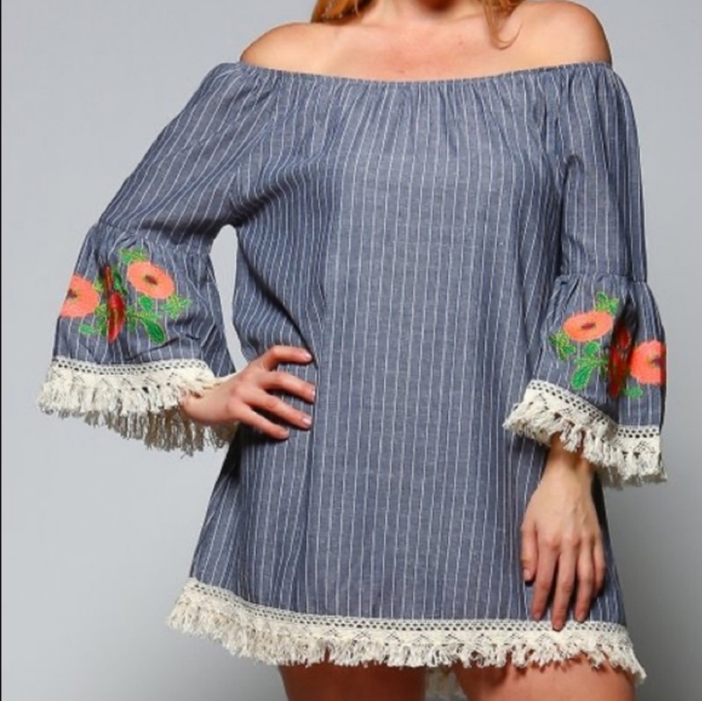 Velzera Tassel Hem Floral Embroidery off the Shoulders Dress